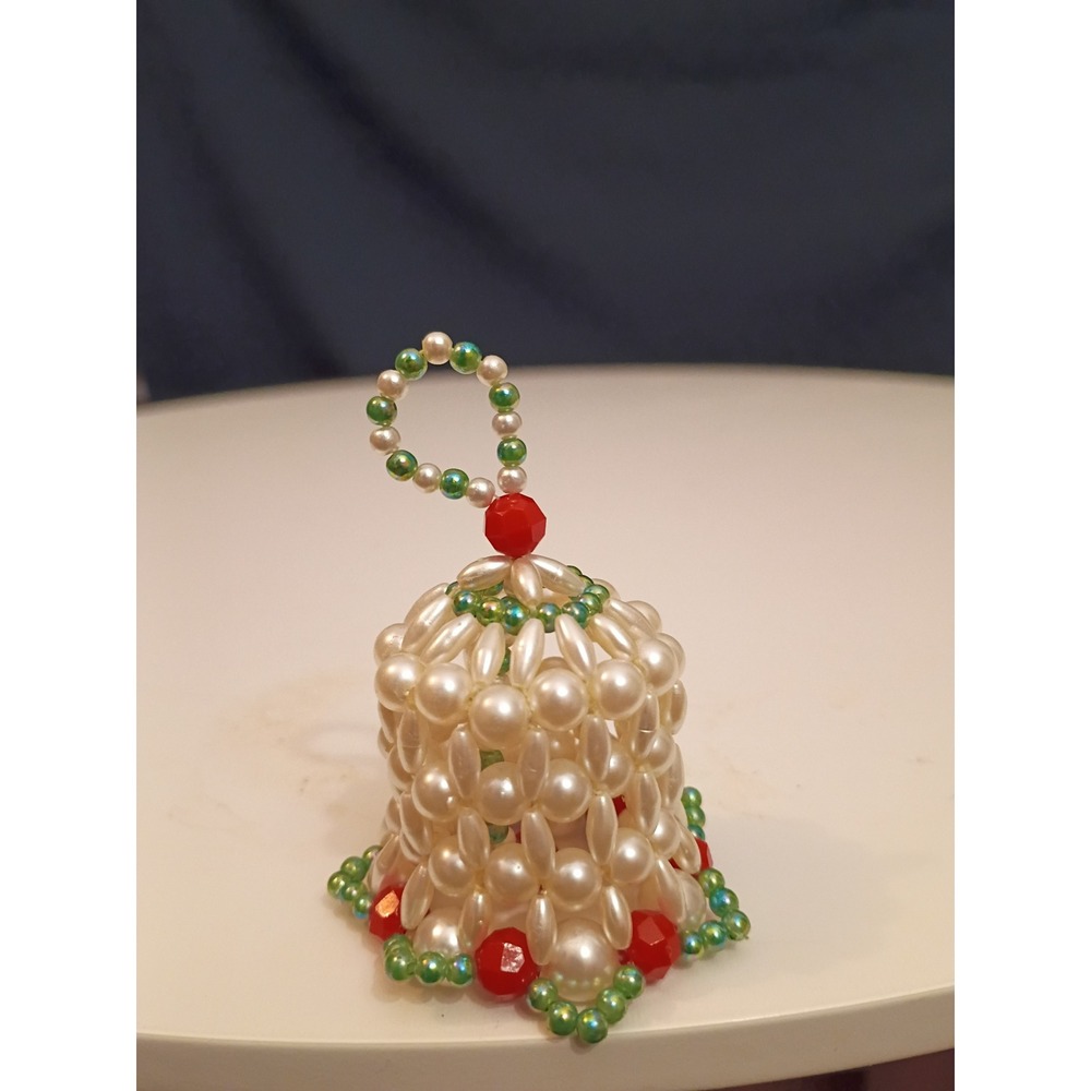 Vintage Handmade Beaded Christmas Bell Ornament Faux Pearl Red Green Holiday